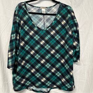 Plaid V-Neck Blouse in Green and Blue